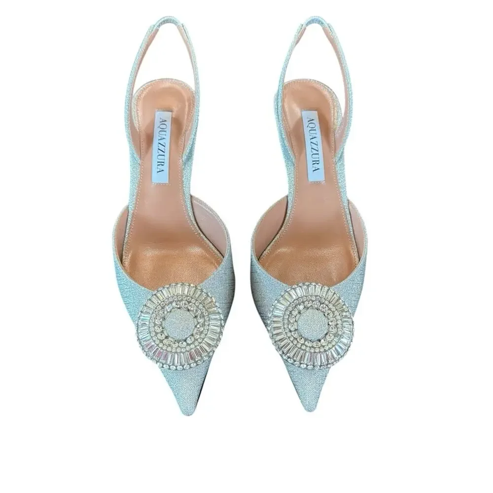Aquazzura Crystal Hoop 50 Slingback Pumps Kitten Heel Silver NEW EU 37 US 7